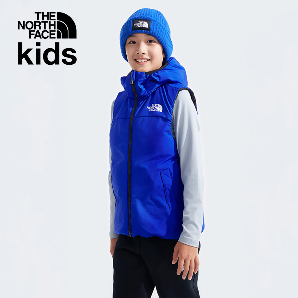 The North Face北面兒童藍色防潑水舒適保暖兩面穿連帽羽絨背心｜89XREF1