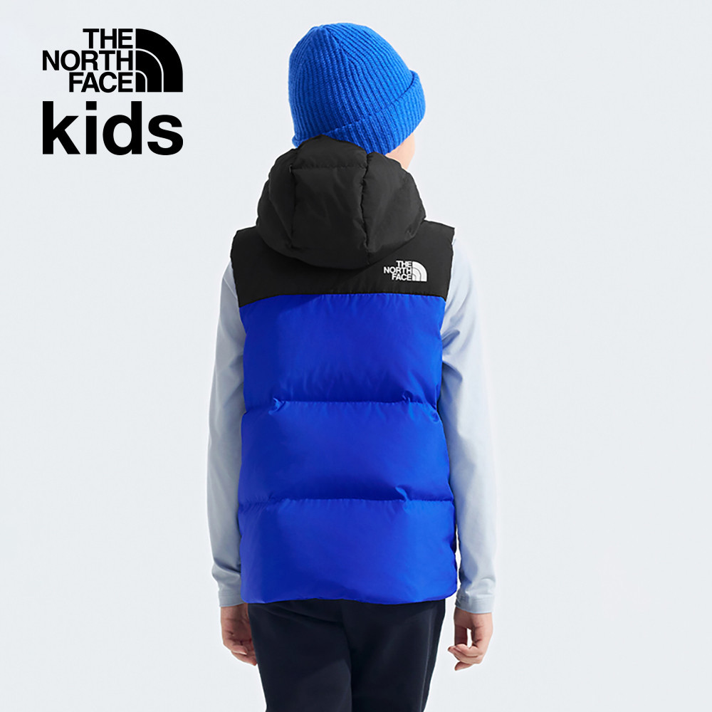 The North Face北面兒童藍色防潑水舒適保暖兩面穿連帽羽絨背心｜89XREF1