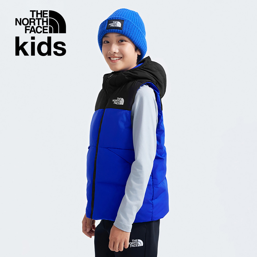 The North Face北面兒童藍色防潑水舒適保暖兩面穿連帽羽絨背心｜89XREF1