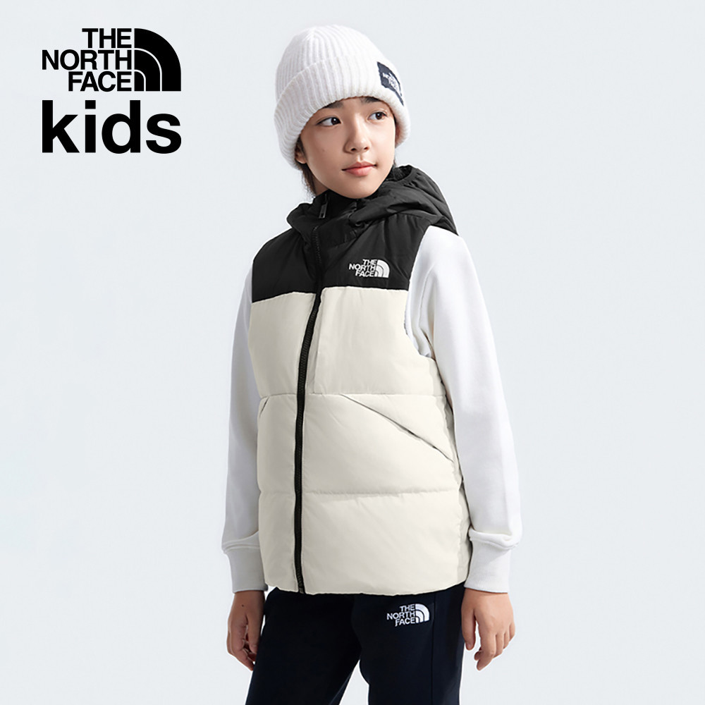 The North Face北面兒童米白色防潑水舒適保暖兩面穿連帽羽絨背心｜89XRROU