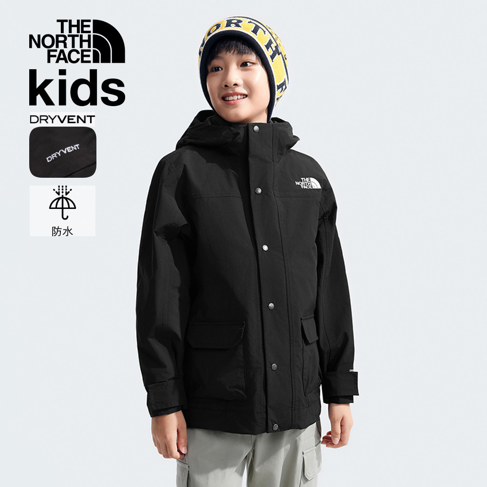 NONEWS X 紅臉兒 The North Face北面兒童黑色防水透氣舒適保暖連帽羽絨內裡三合一外套