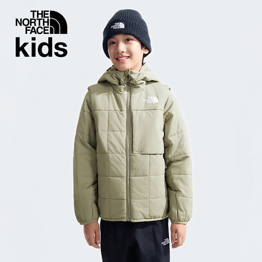 The North Face北面兒童灰色防風防潑水可拆卸袖子連帽鋪棉外套｜89XK1I4