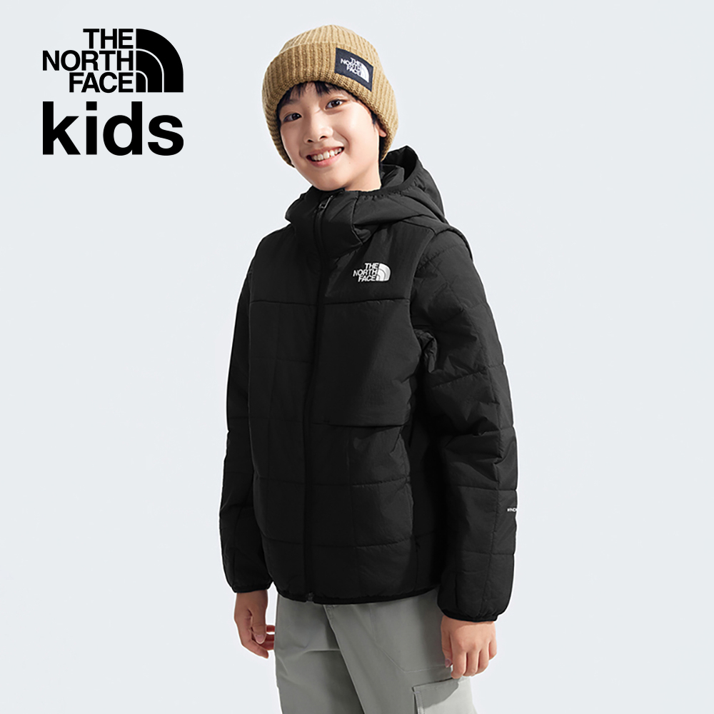 The North Face北面兒童黑色防風防潑水可拆卸袖子連帽鋪棉外套｜89XKJK3