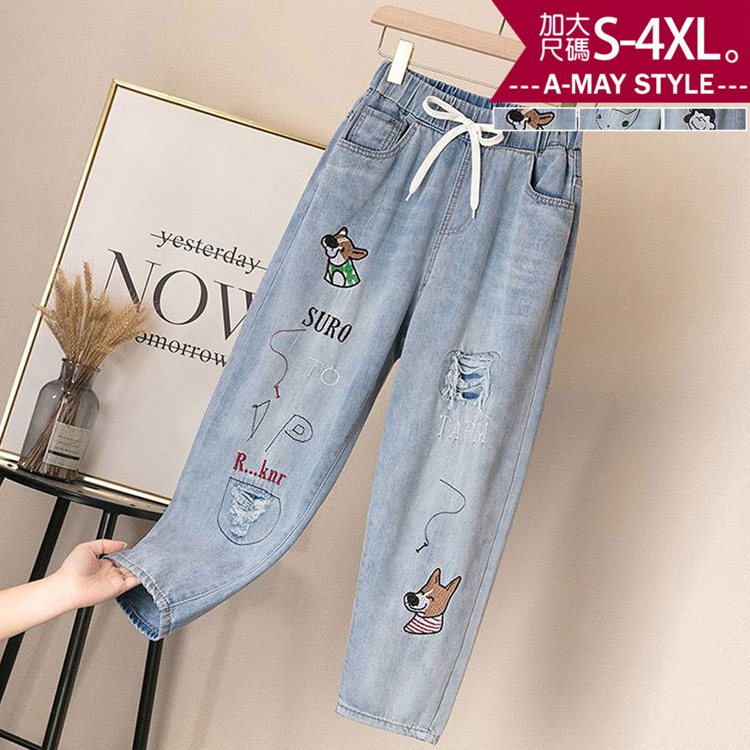 加大碼長褲 丹寧 可愛角色刺繡刷破休閒顯瘦牛仔褲(S-4XL)【XCB30540】＊艾美時尚(現 預)