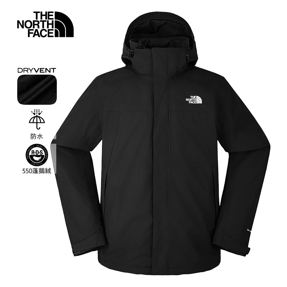 The North Face北面男款黑色防水透氣保暖連帽羽絨內裡三合一外套｜81QSJK3