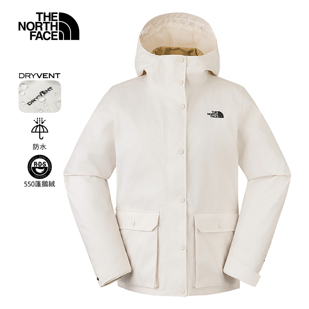 The North Face北面女款白色防水透氣保暖連帽羽絨內裡三合一外套｜88RWROR