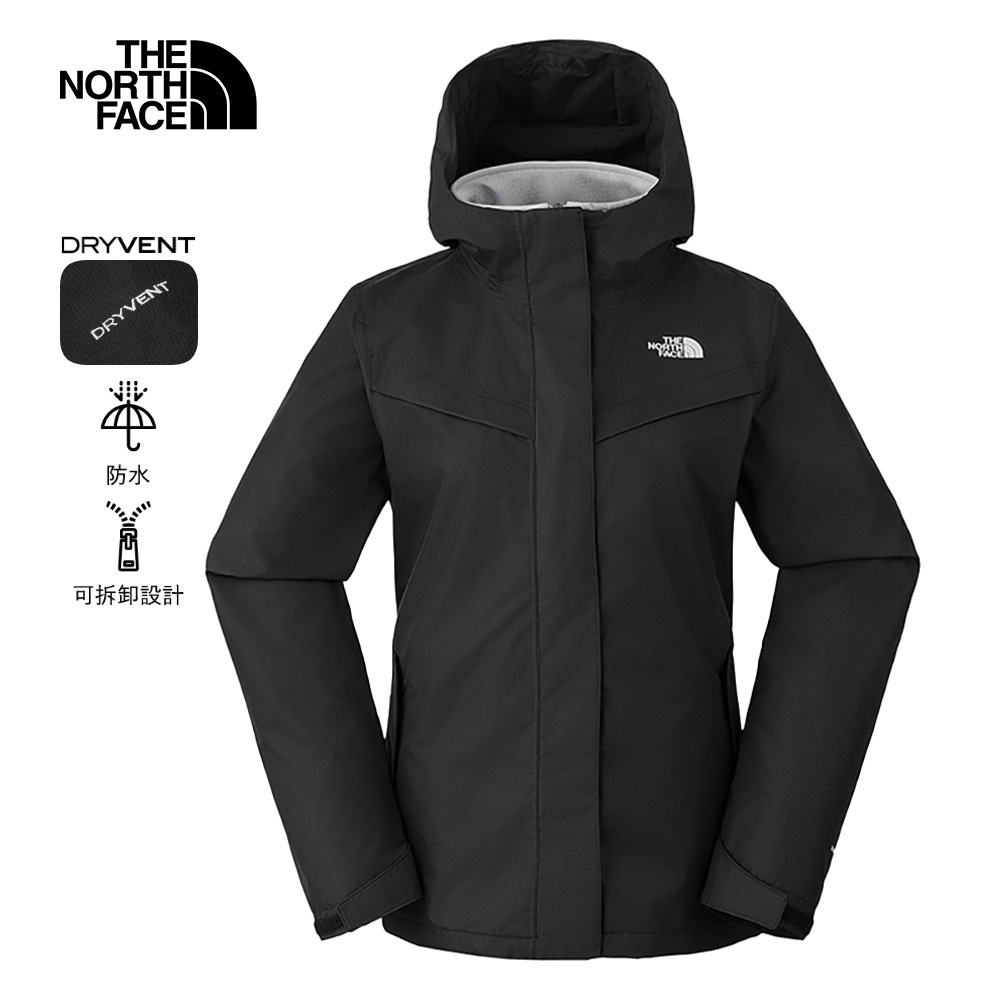 The North Face北面女款黑色防水透氣保暖連帽抓絨內裡三合一外套｜88RY7O1