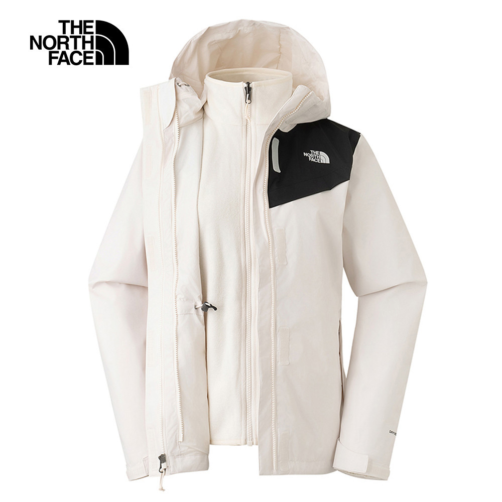 【10/24 00點週末限定】The North Face北面女款米白色防水透氣保暖連帽抓絨內裡三合一外套｜88RYROU