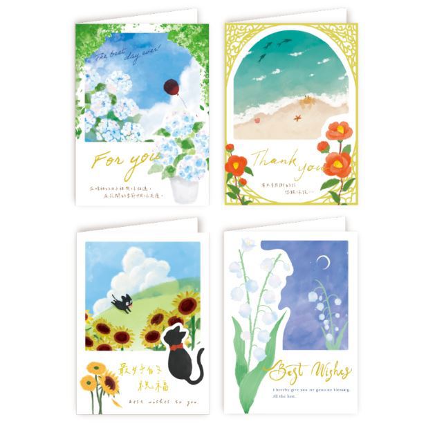 花語透明視窗卡片-繡球花/山茶花/向日葵/風鈴草