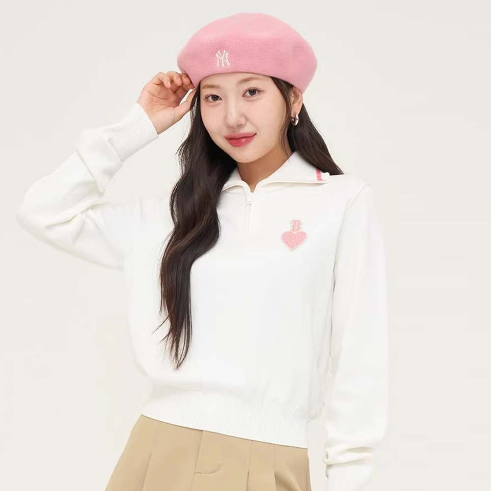 MLB 女版半拉鍊針織毛衣 Heart系列 波士頓紅襪隊 (3FKPH0144-43CRS)