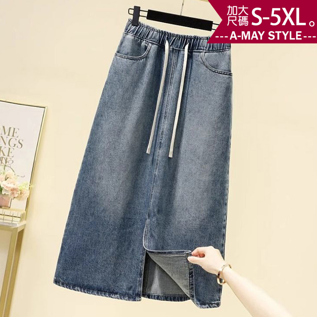 加大碼裙子 半身裙 水洗丹寧前開岔顯瘦休閒牛仔裙(S-5XL)【XC051647】＊艾美時尚(現 預)