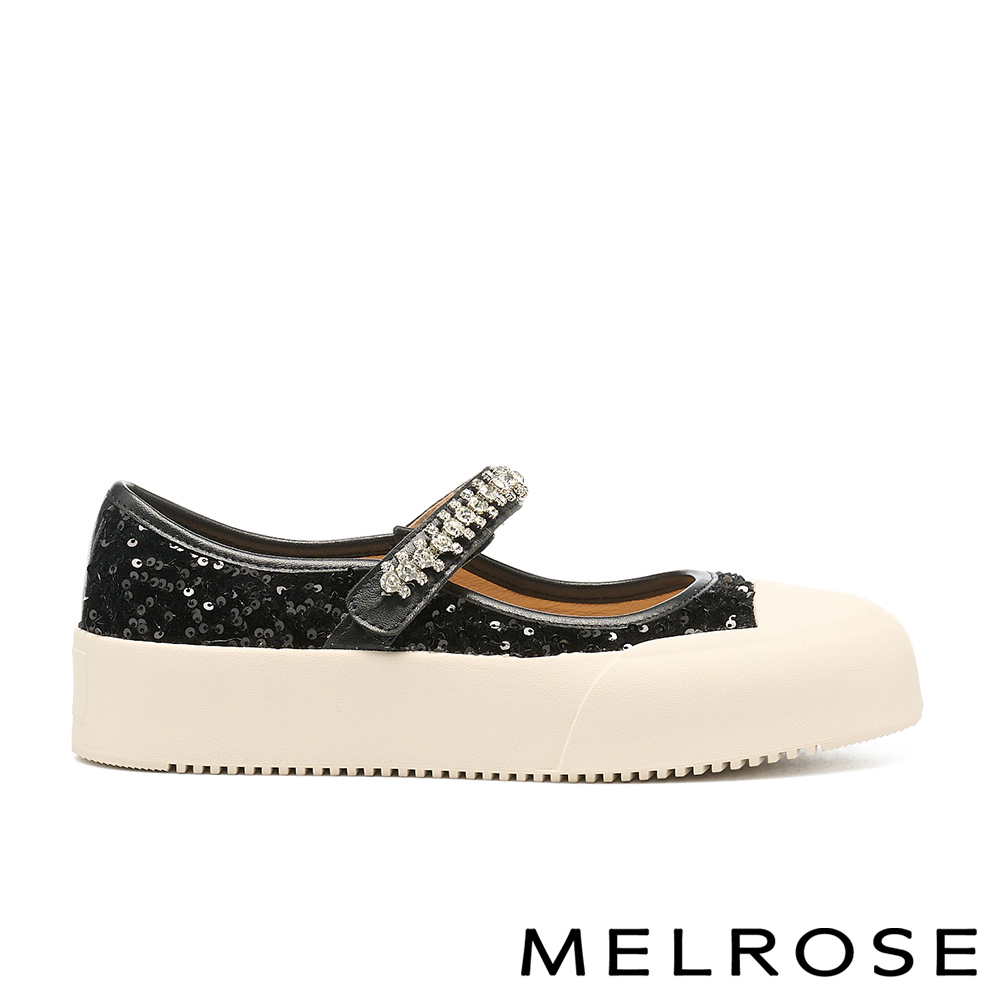 MELROSE 美樂斯 華麗時尚晶鑽寬帶異材質瑪莉珍QQ厚底休閒鞋－黑