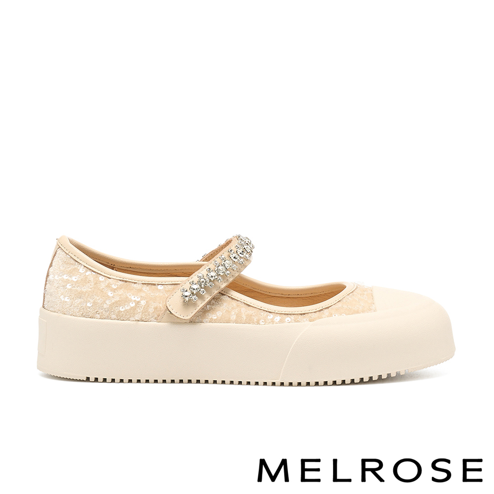 MELROSE 美樂斯 華麗時尚晶鑽寬帶異材質瑪莉珍QQ厚底休閒鞋－米