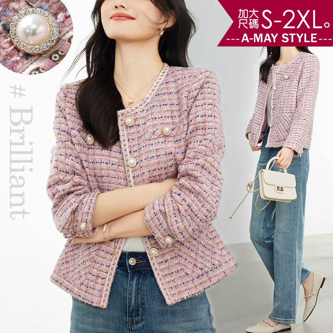 加大碼外套 小香風優雅圓領珍珠扣毛呢混織外套/半身裙(S-2XL)【XAM09C79】＊艾美時尚(現 預)