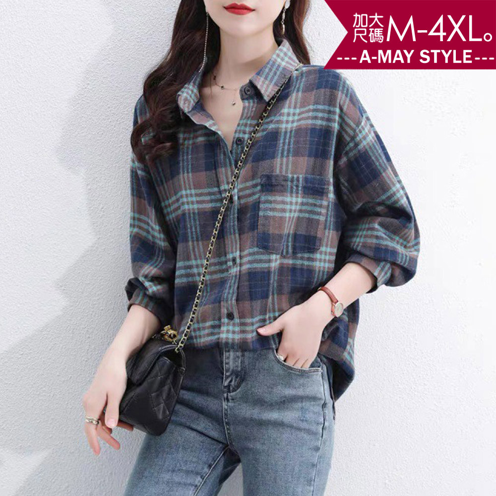 加大碼上衣 休閒格紋拼色寬鬆長袖襯衫(M-4XL)【XFW819828】＊艾美時尚(現 預)