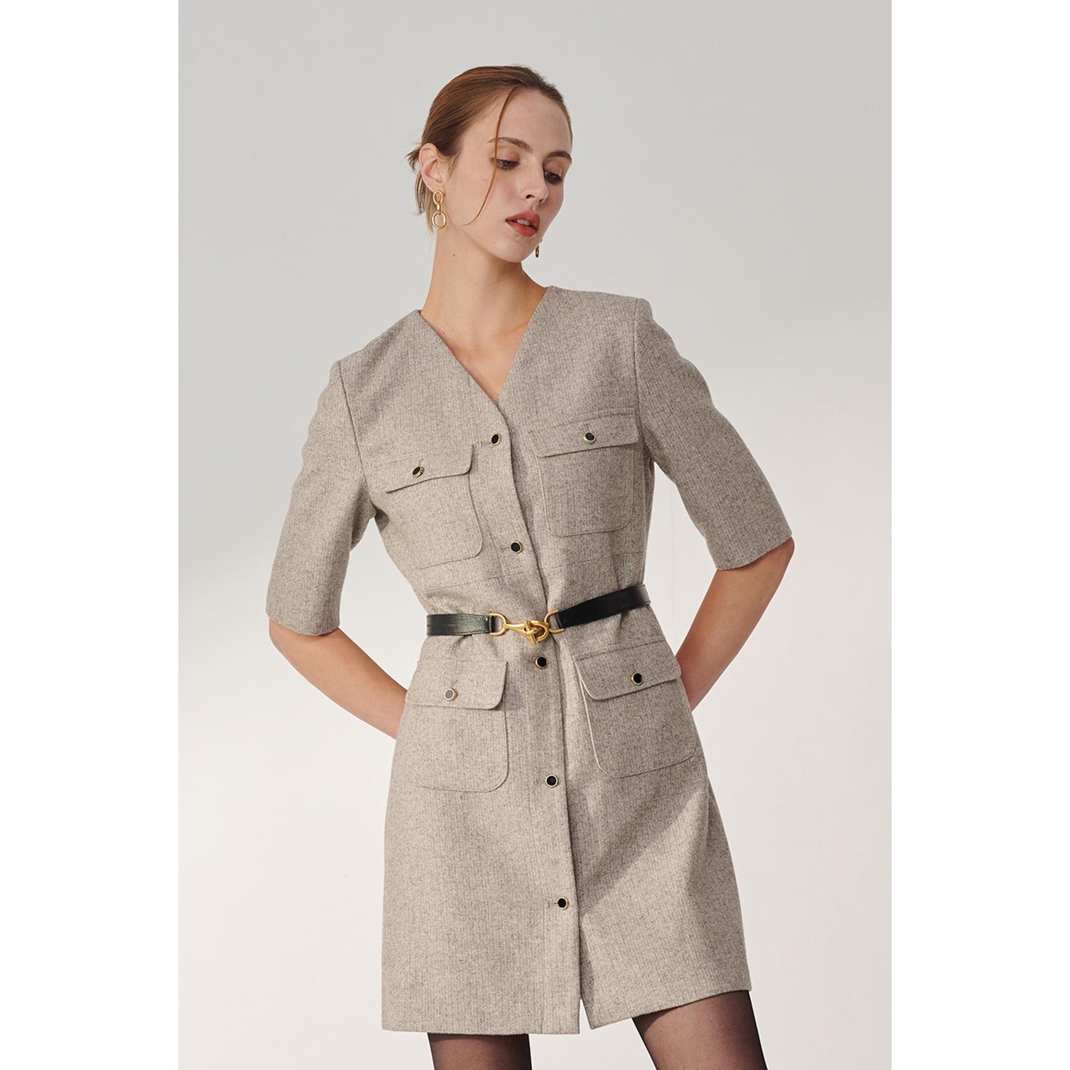 SST&C Gray V-Neck Thin Woolen Dress | 01222410001