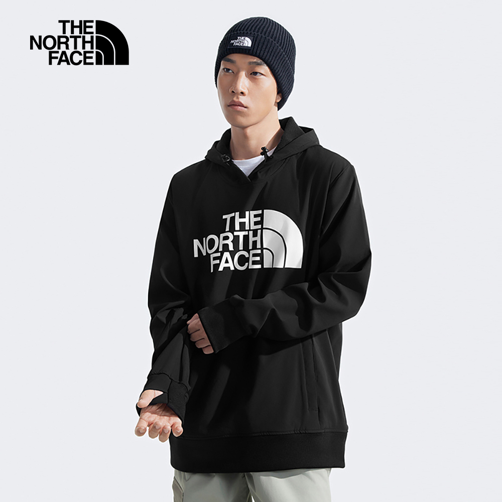 The North Face北面男款黑色DWR防潑水大尺寸印花長袖帽T｜82V64H0
