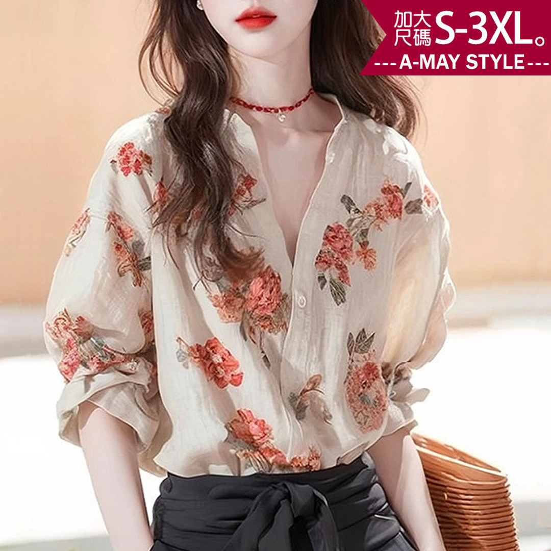 加大碼上衣 別緻花卉風優雅V領七分袖襯衫(S-3XL)【XT2410B41】＊艾美時尚(現 預)