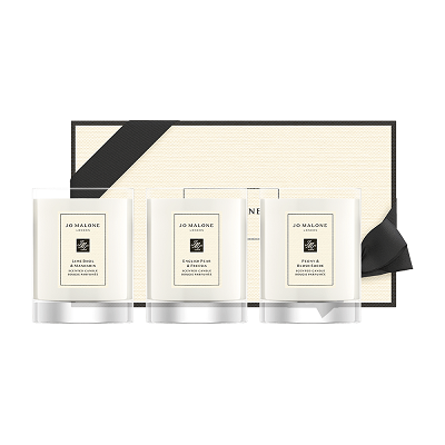 【Jo Malone London】裝飾蠟燭組合旅行蠟燭套裝 Travel Candle Trio (青檸羅勒與柑橘旅行香氛工藝蠟燭60g、英國梨與小蒼蘭旅行香氛工藝蠟燭60g、牡丹與胭紅麂絨旅行香氛工藝蠟燭60g)