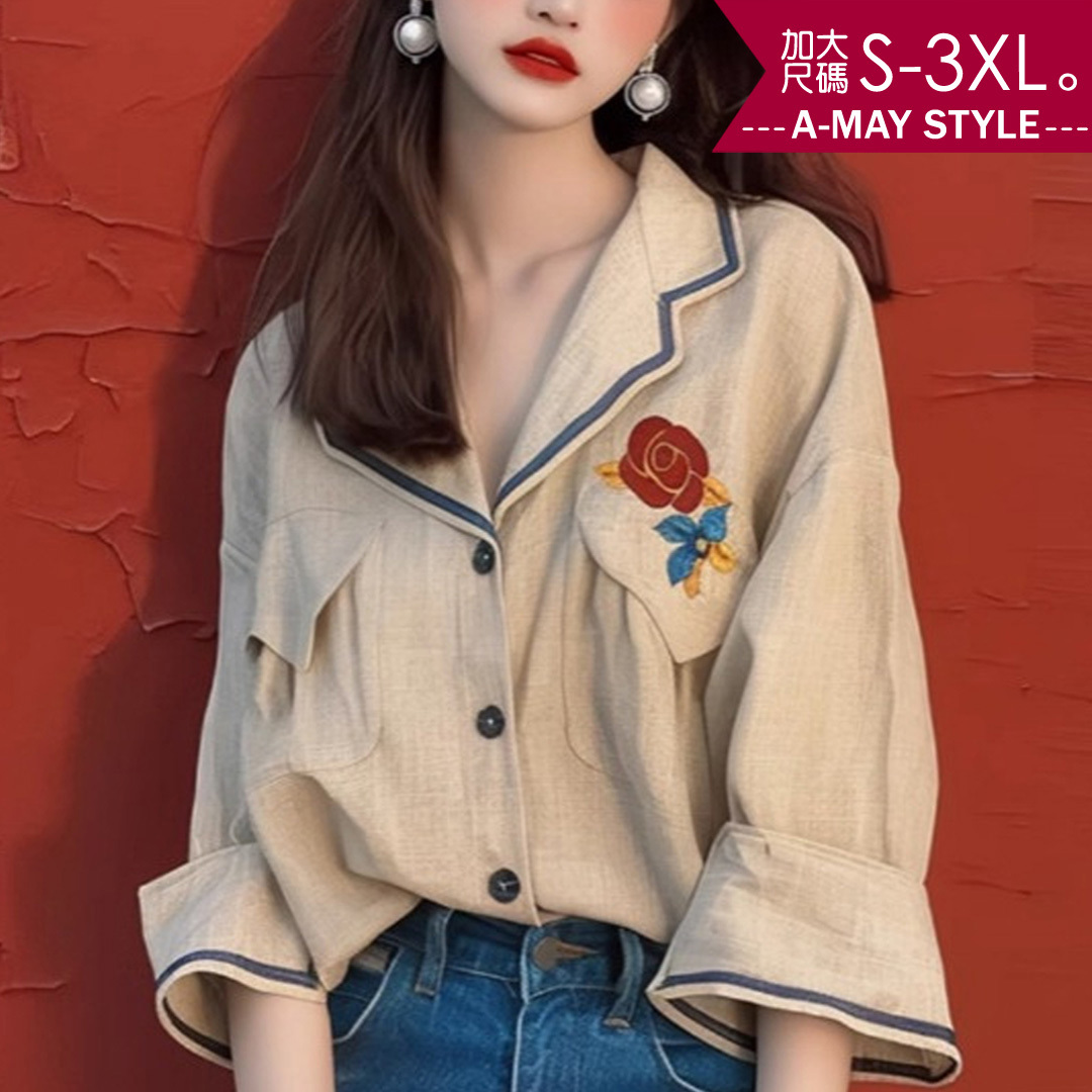 加大碼上衣 法式時尚優雅印花七分寬袖設計感襯衫(S-3XL)【XT241046】＊艾美時尚(現 預)