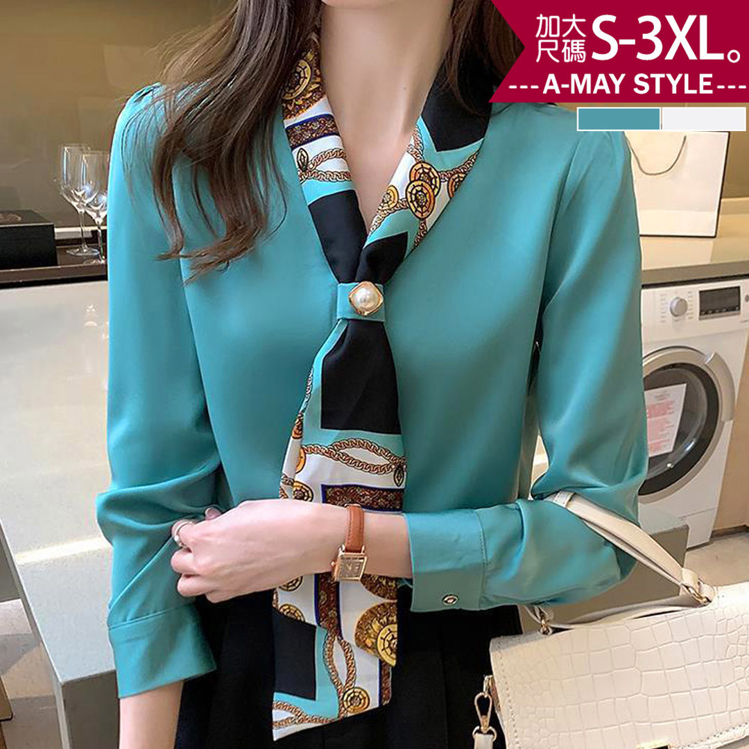 加大碼 襯衫 質感秀氣印花絲巾V領長袖上衣(S-3XL)【XWU241026】＊艾美時尚(現 預)