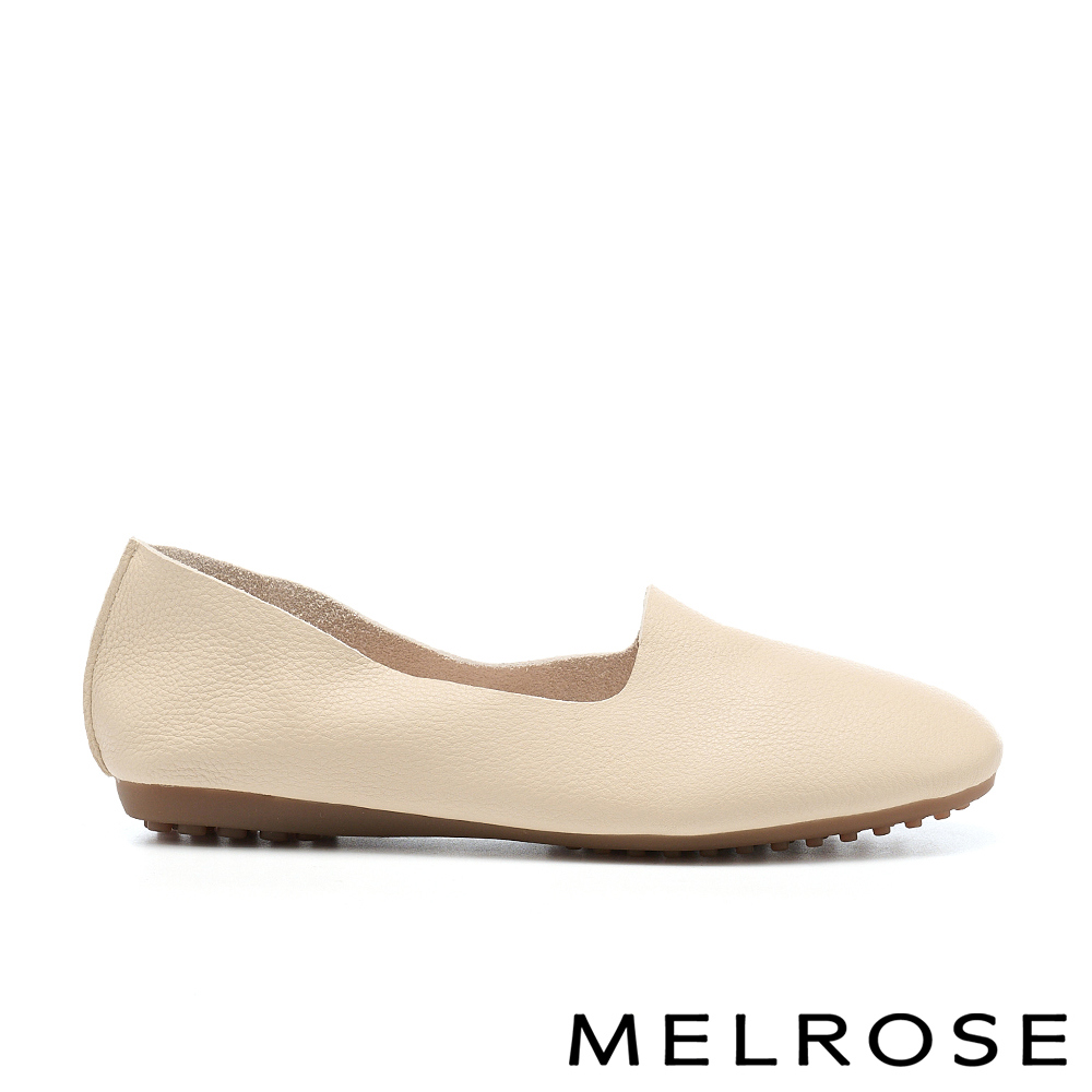 MELROSE 美樂斯 日常百搭柔軟純色荔紋全真皮平底鞋－米白