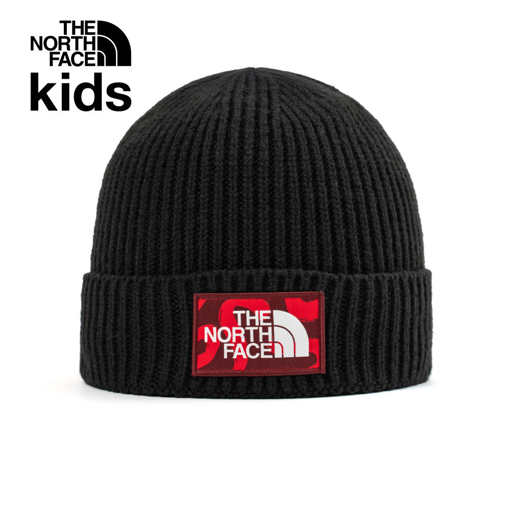 The North Face北面兒童黑色蛇紋LOGO布標保暖針織毛帽｜7WGCGF6