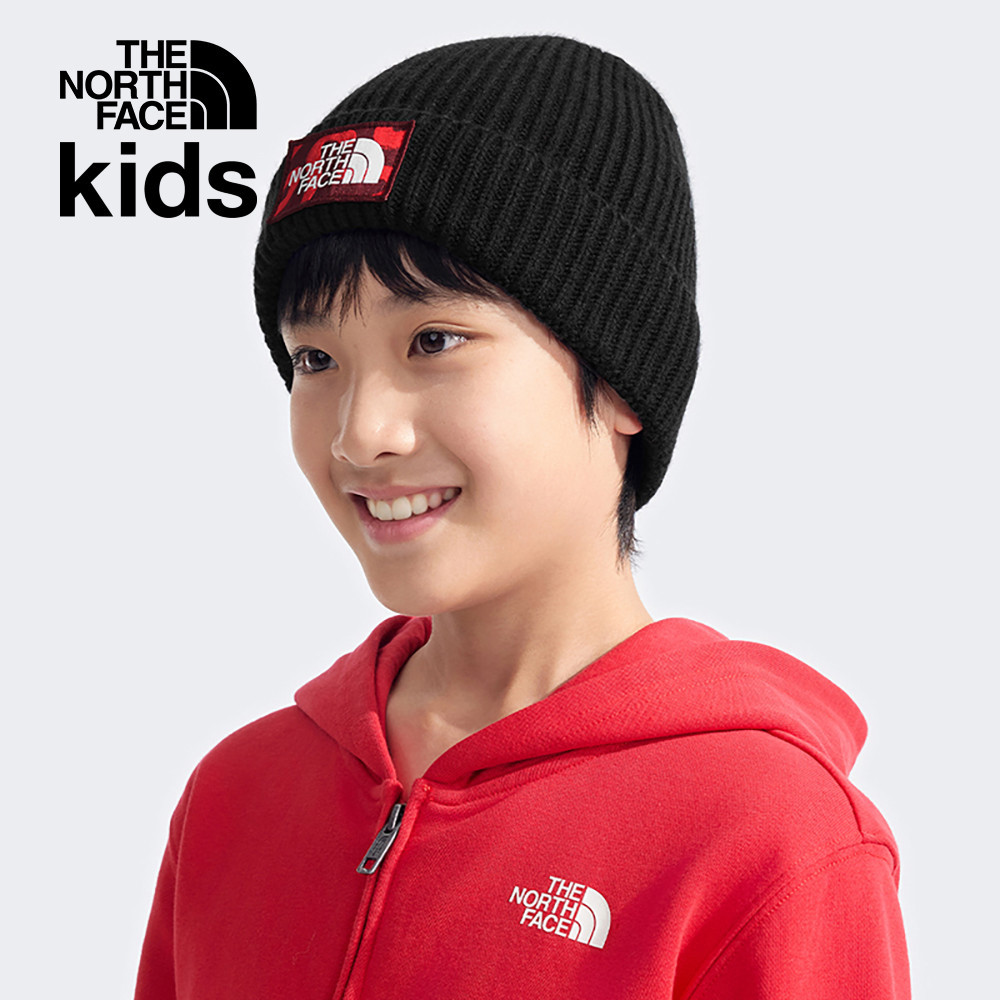 The North Face北面兒童黑色蛇紋LOGO布標保暖針織毛帽｜7WGCGF6