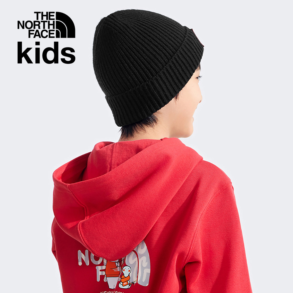 The North Face北面兒童黑色蛇紋LOGO布標保暖針織毛帽｜7WGCGF6