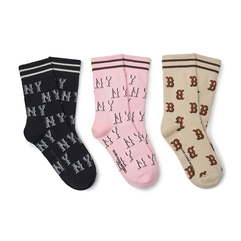 MLB KIDS 中筒襪三入組 童襪 Monogram系列 洋基/紅襪隊 (7ASOM034N-00BKS)