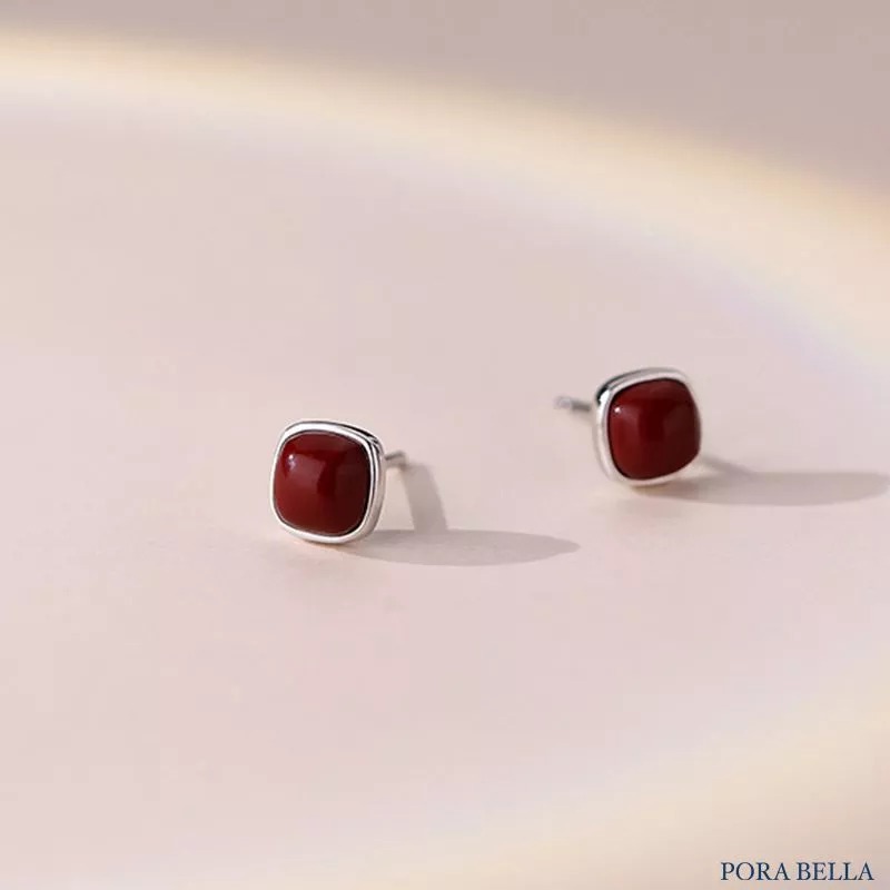 【Porabella】925純銀耳釘 紅松石耳釘 紅砂痣耳環 復古氣質耳環 時尚ins 輕奢感耳環耳飾 Earrings-廠商直送