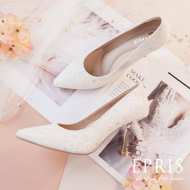 現貨 夢幻婚鞋 花嫁女神-P479 蕾絲婚鞋新娘鞋 白色高跟鞋 好走不磨腳時尚好搭配 21.5-26 EPRIS艾佩絲-蕾絲細粉白