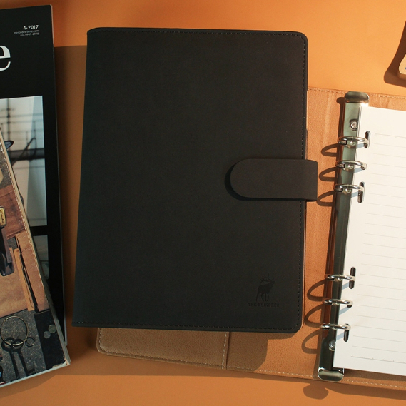 6孔磁扣萬用手冊 A5-黑/牛皮/奶茶