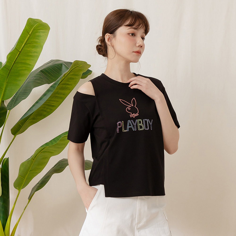 PLAYBOY - OVERSIZE寬版落肩T-SHIRT - 黑色/751-801-09-1