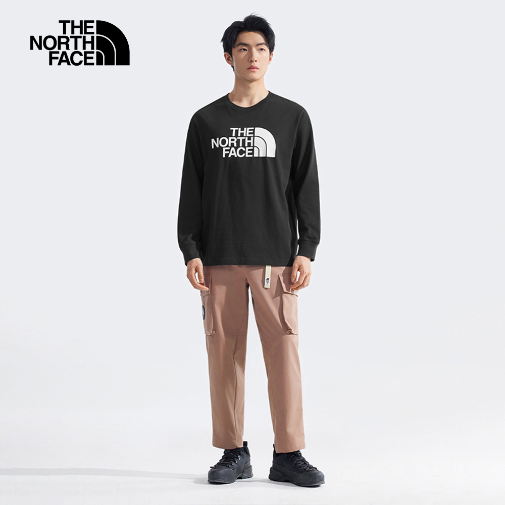 The North Face北面男女款黑色純棉品牌LOGO印花長袖上衣｜8D7RJK3