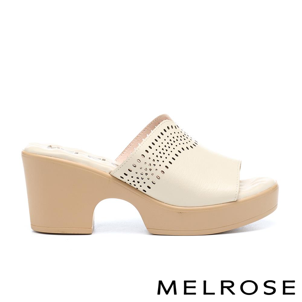 MELROSE 美樂斯 夏日輕旅 質感鏤空造型牛皮高跟拖鞋－白
