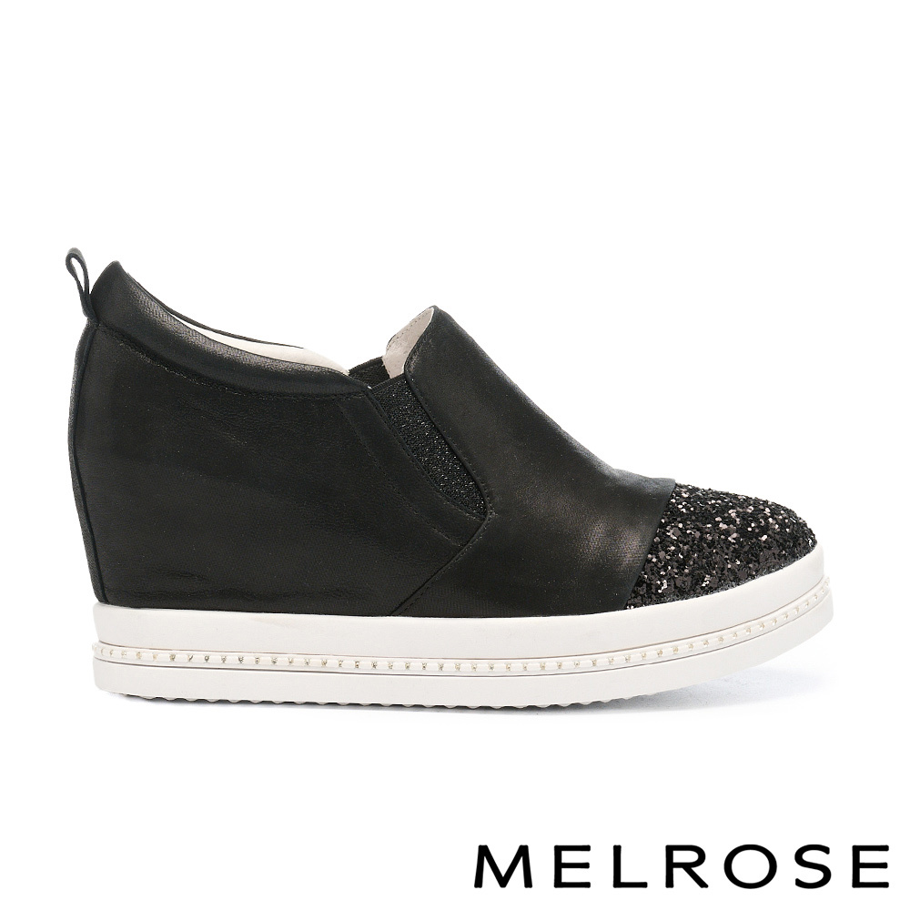 MELROSE 美樂斯 精緻閃亮金蔥拼接金屬羊皮內增高厚底休閒鞋－黑