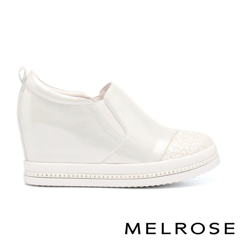 MELROSE 美樂斯 精緻閃亮金蔥拼接金屬羊皮內增高厚底休閒鞋－白