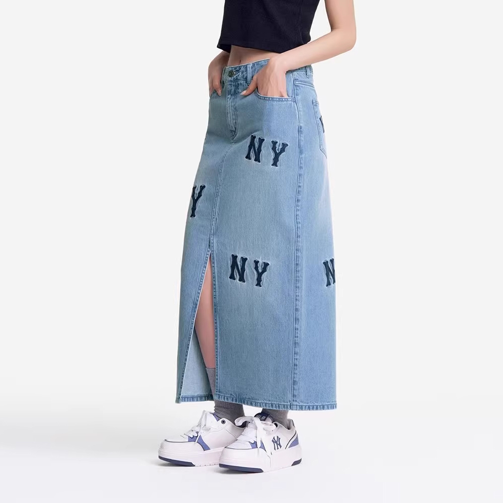 MLB 女版牛仔丹寧長裙 工裝牛仔裙 紐約洋基隊 (3FDSG0251-50BLL)