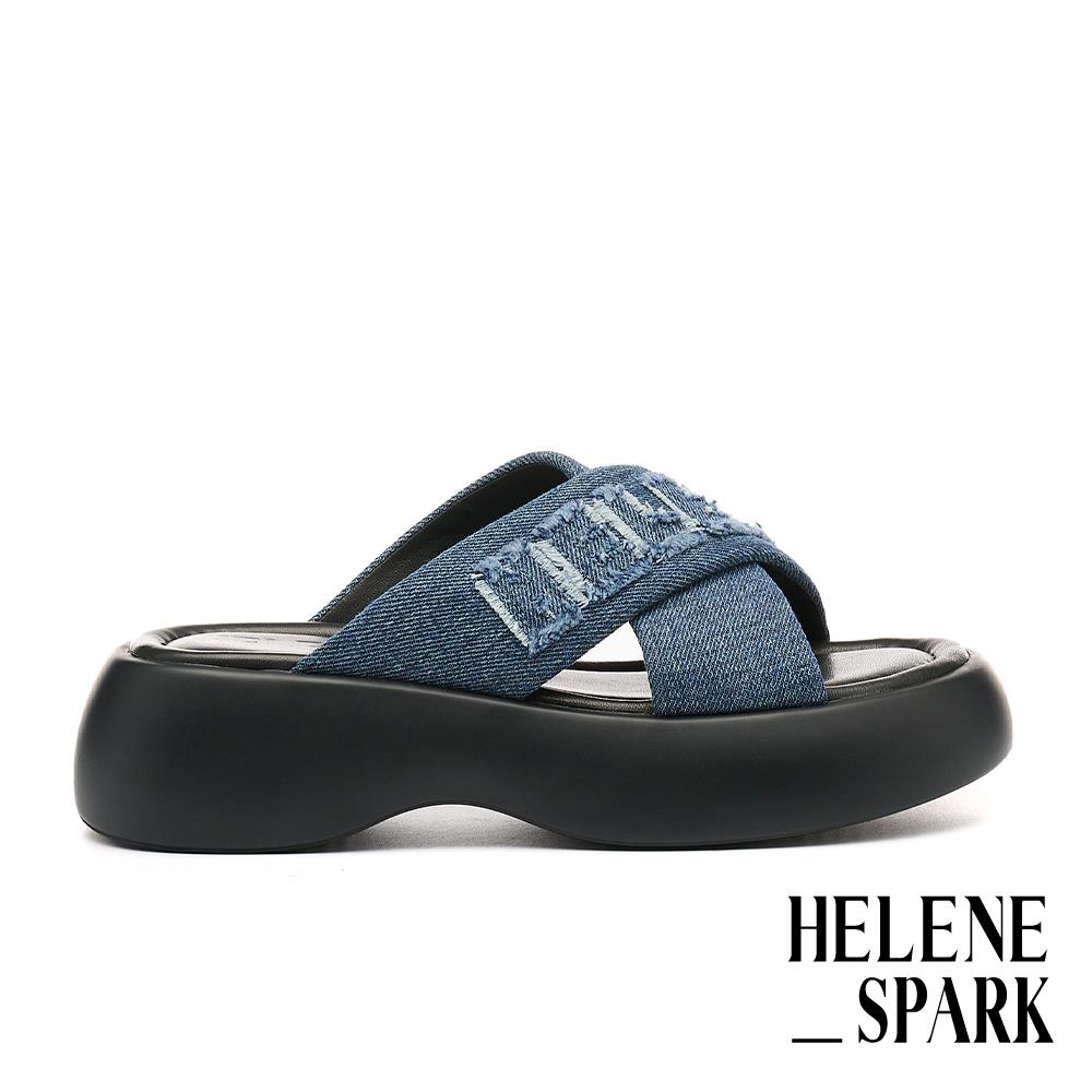 HELENE_SPARK 率性鬆弛感LOGO交叉寬帶牛仔布厚底拖鞋－藍