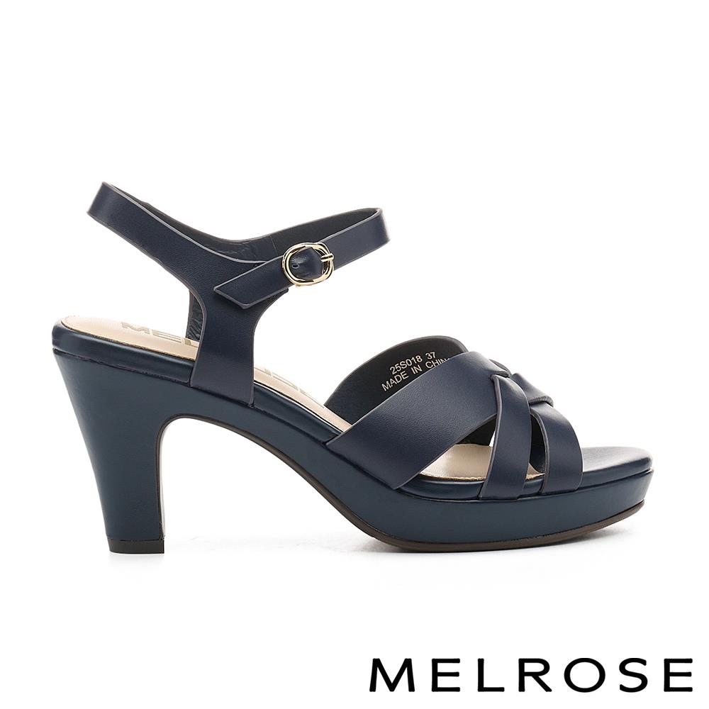 MELROSE 美樂斯 安定感 簡約質感交叉寬帶牛皮美型高跟涼鞋－藍