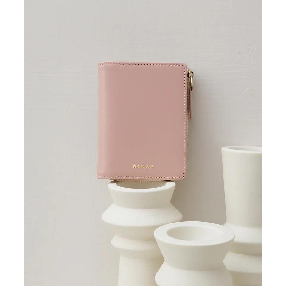 【KINAZ】牛皮L型拉鍊零錢袋直式對折短夾-櫻花粉-馬賽克系列(BD95961-06)