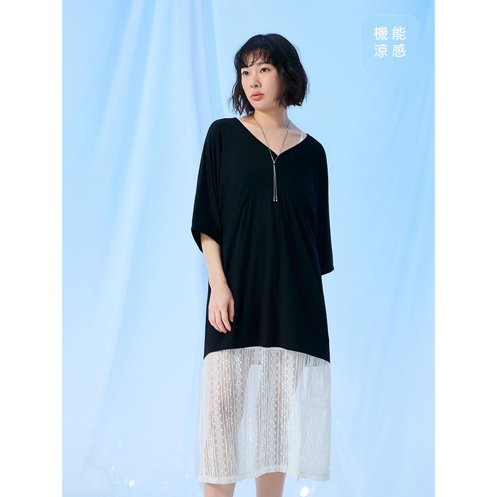 涼感.V領寬鬆莫代爾七分袖長版上衣
