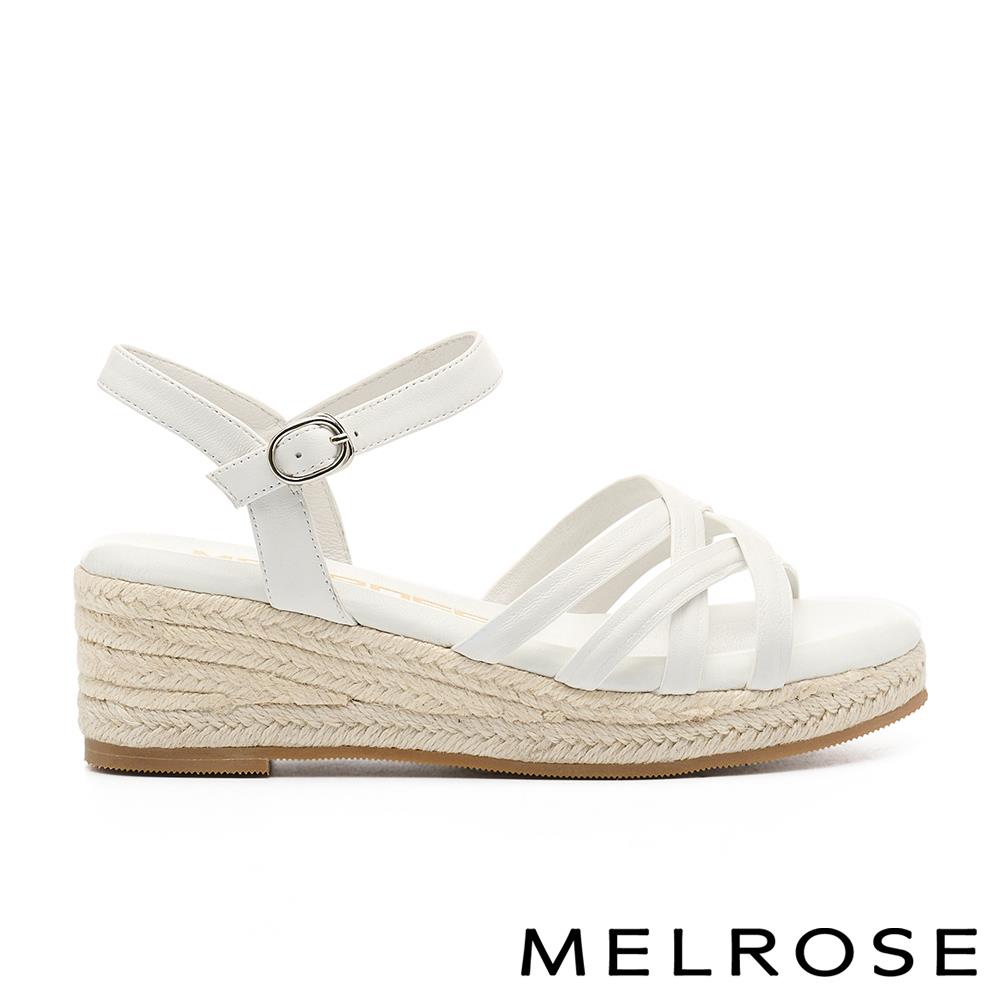 MELROSE 美樂斯 夏日輕旅 簡約氣質交叉編織綿羊皮草編厚底涼鞋－白
