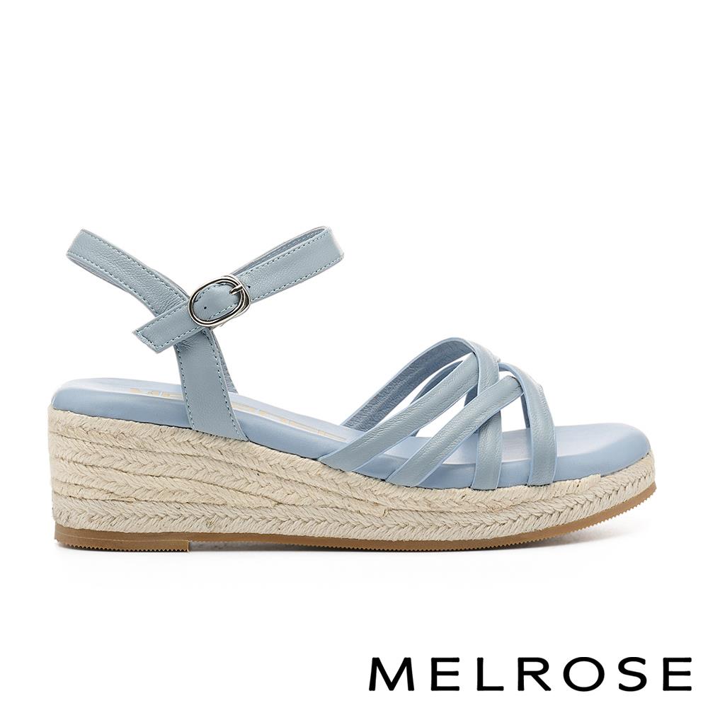 MELROSE 美樂斯 夏日輕旅 簡約氣質交叉編織綿羊皮草編厚底涼鞋－藍