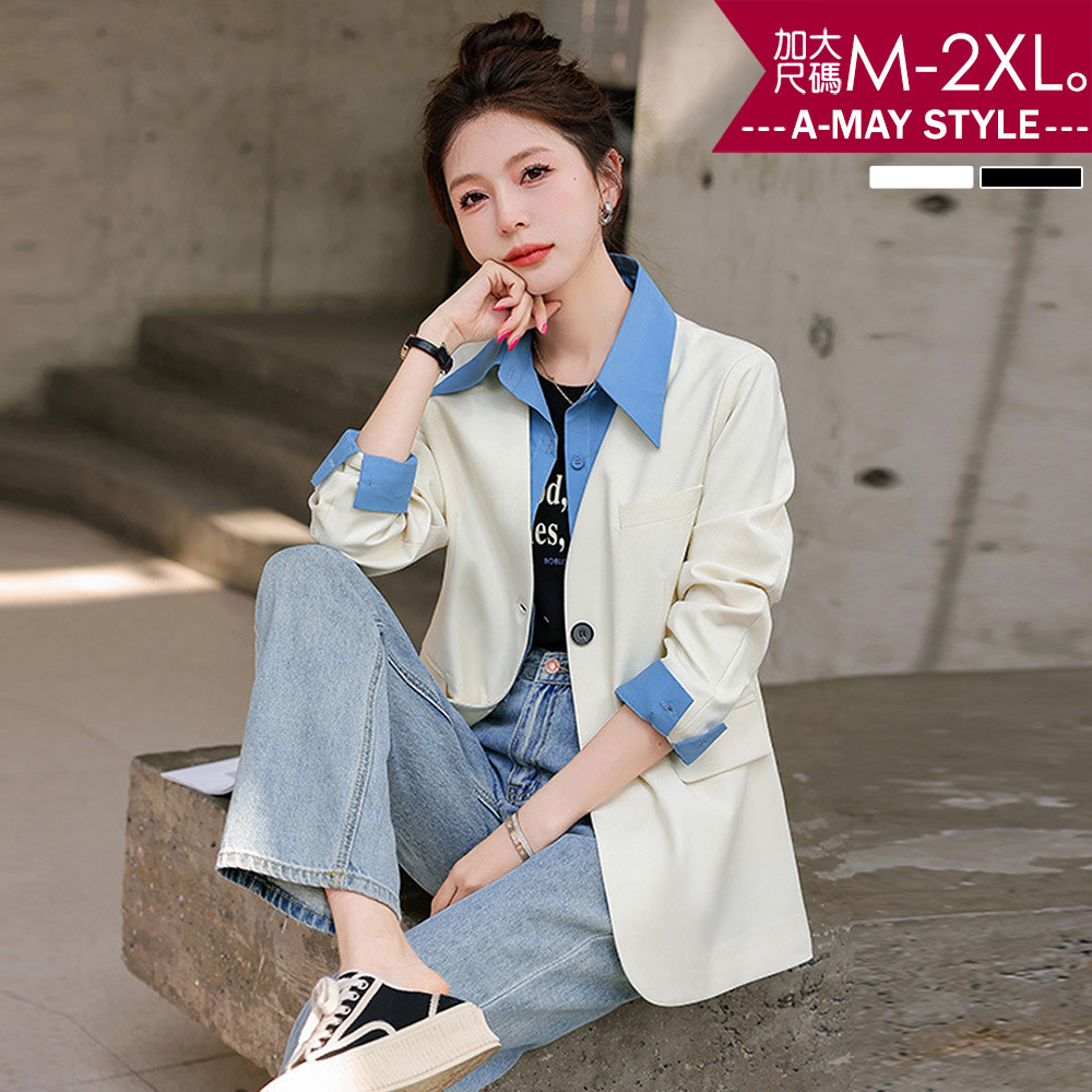 加大碼外套 襯衫 設計感假兩件撞色拼接翻領顯瘦西裝外套(M-2XL)【XAM250359】＊艾美時尚(現 預)