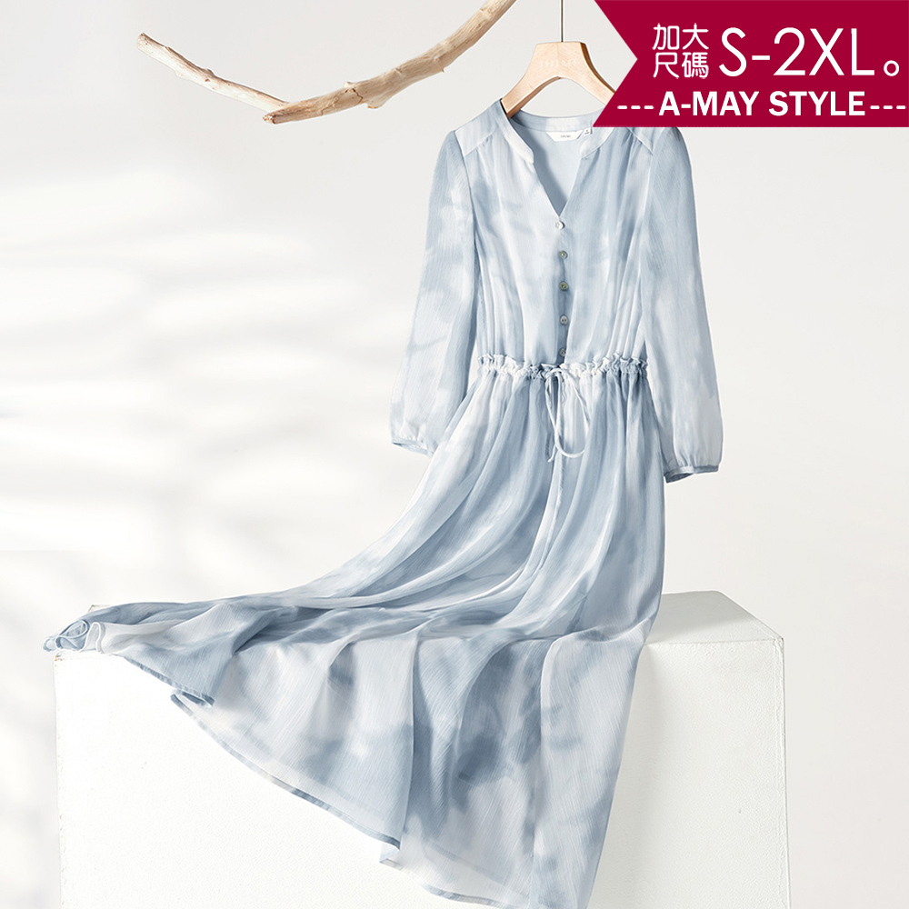 加大碼洋裝 設計感暈染雪紡顯瘦連身長洋裝(S-2XL)【XAM250369】＊艾美時尚(現 預)