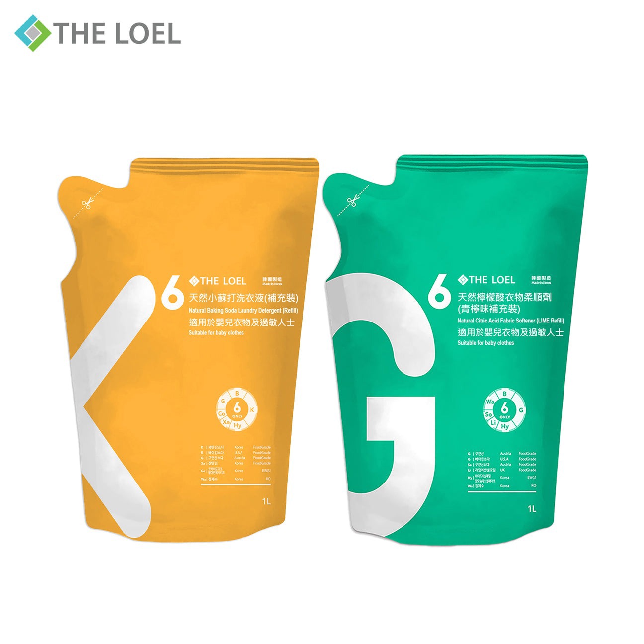 【THE LOEL】超值優惠-天然洗衣柔軟2件組合補充裝 (抗菌小蘇打洗衣液+檸檬酸衣物柔順劑) 1000ml-廠商直送