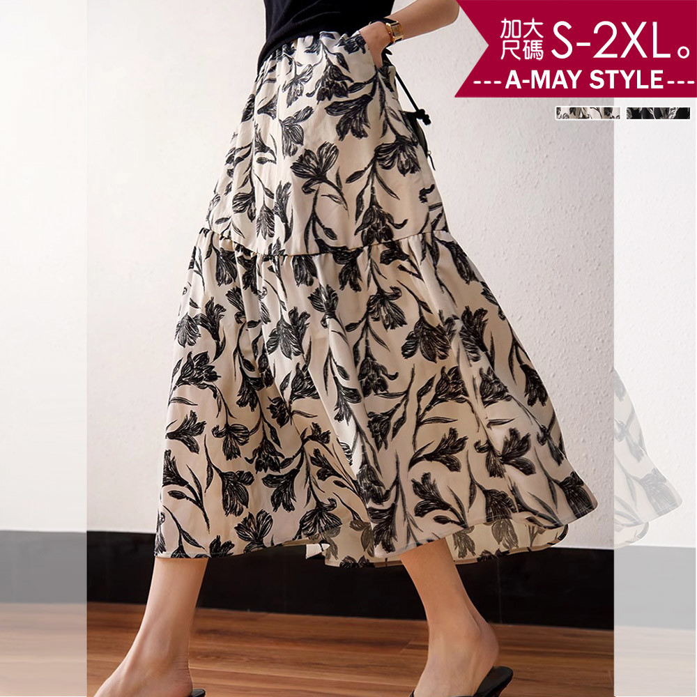 加大碼裙子 長裙 優雅印花鬆緊腰A字顯瘦半身裙(S-2XL)【XAM250340】＊艾美時尚(現 預)