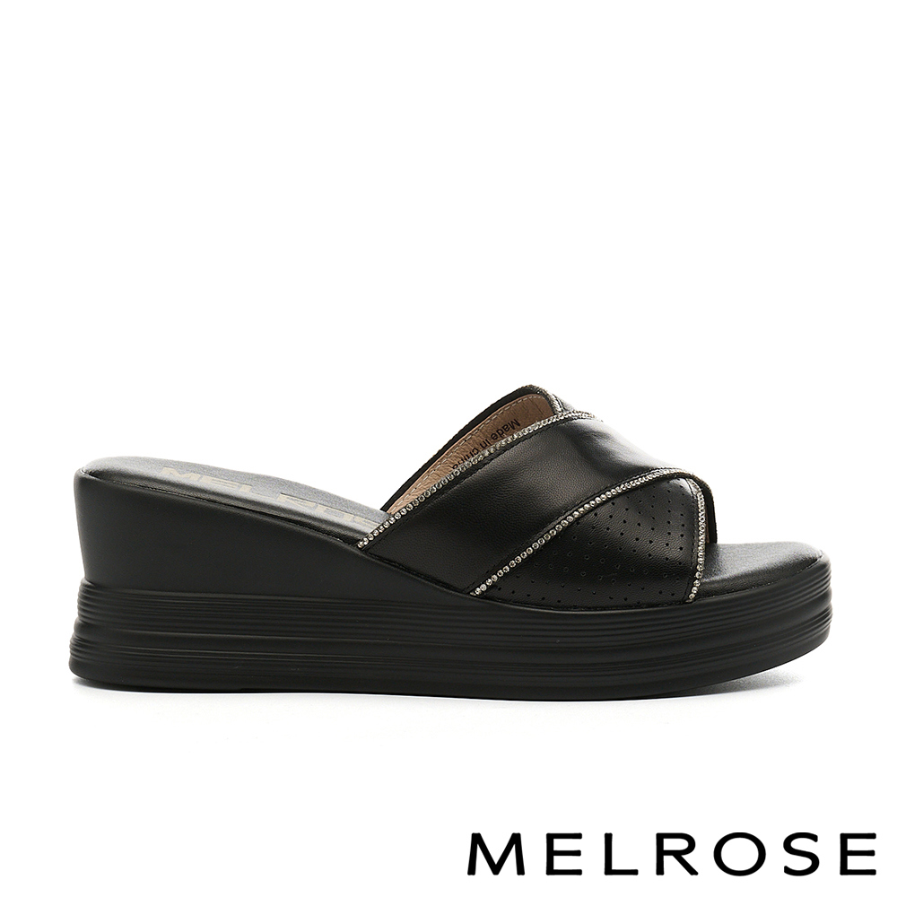 MELROSE 美樂斯 率性時尚晶鑽交叉寬帶羊皮厚底拖鞋－黑
